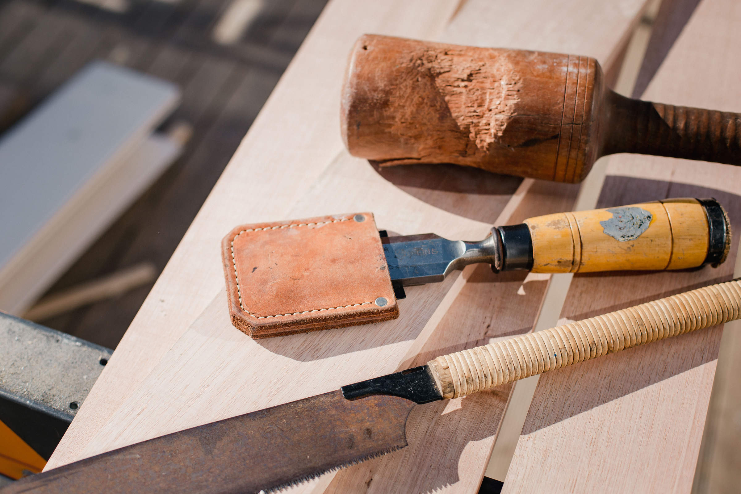 A variety of specialised hand tools to create a high quality and custom finish including Japanese saws, chisels and mallets. This helps create an accurate and professional handcrafted timber finish. Photo: Jordan Davis.